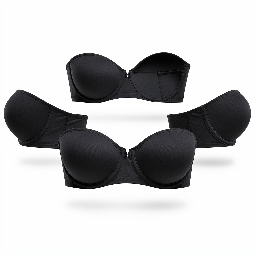 Black seamless strapless push-up bra white background studio shot