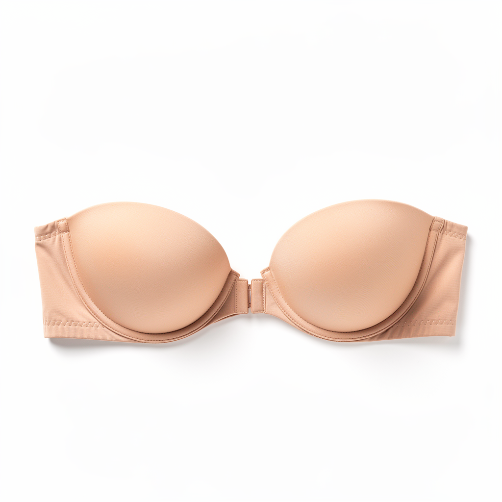 Nude seamless strapless push-up bra white background studio hero shot
