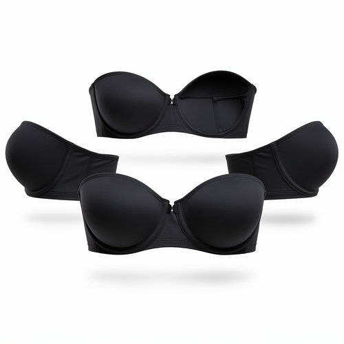 Black seamless strapless push-up bra white background studio shot