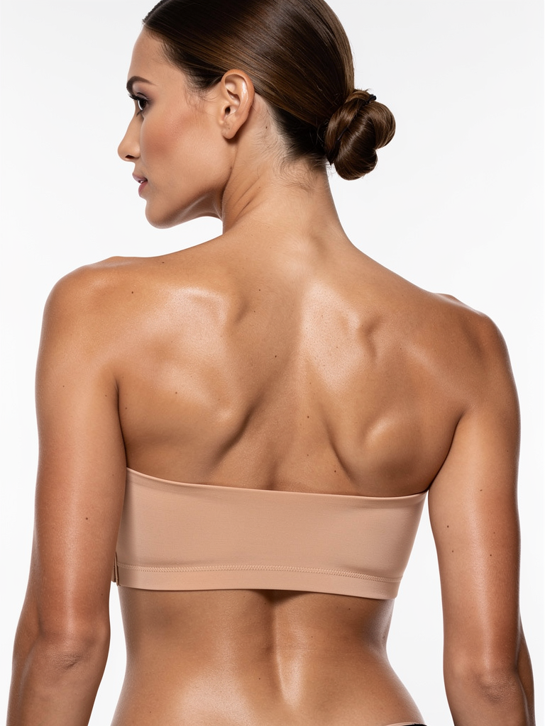 Fashion model wearing nude seamless strapless bra back view white studio