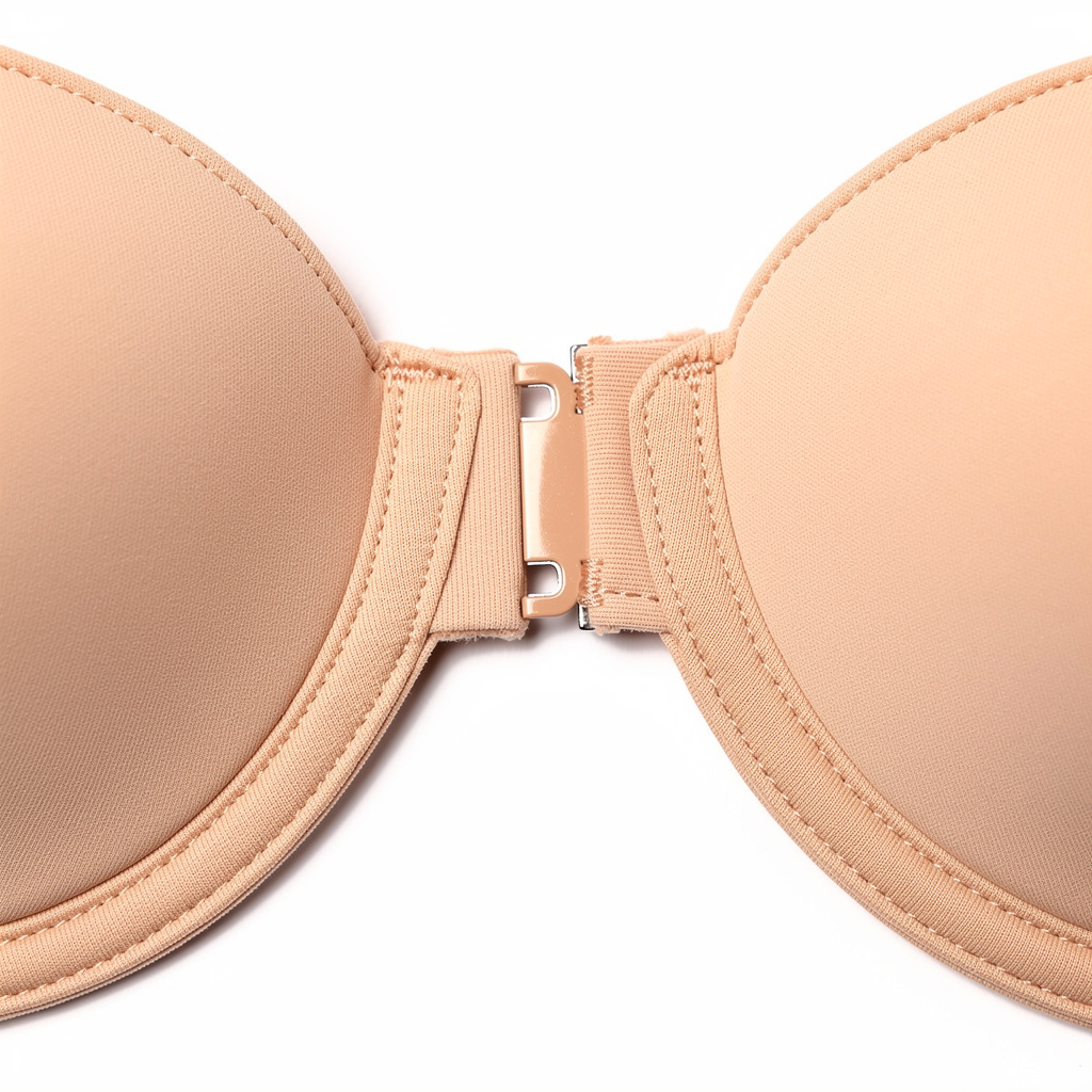 Close up front clasp hardware detail nude seamless strapless bra white background