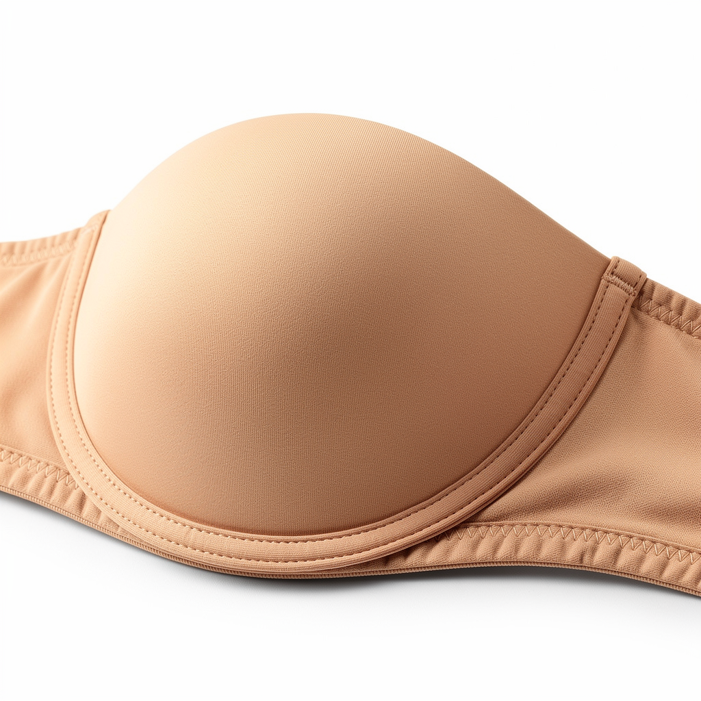 Close up cup shape and invisible edge detail nude seamless bra white background