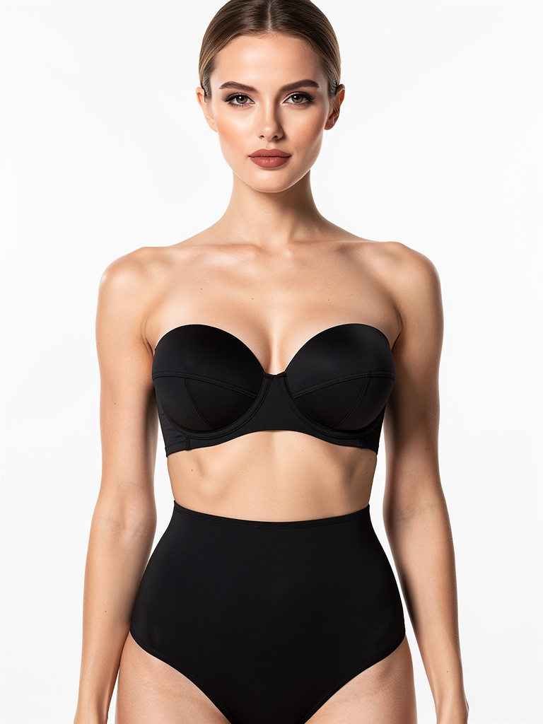 Fashion model wearing black seamless strapless push-up bra front facing tummy control shot